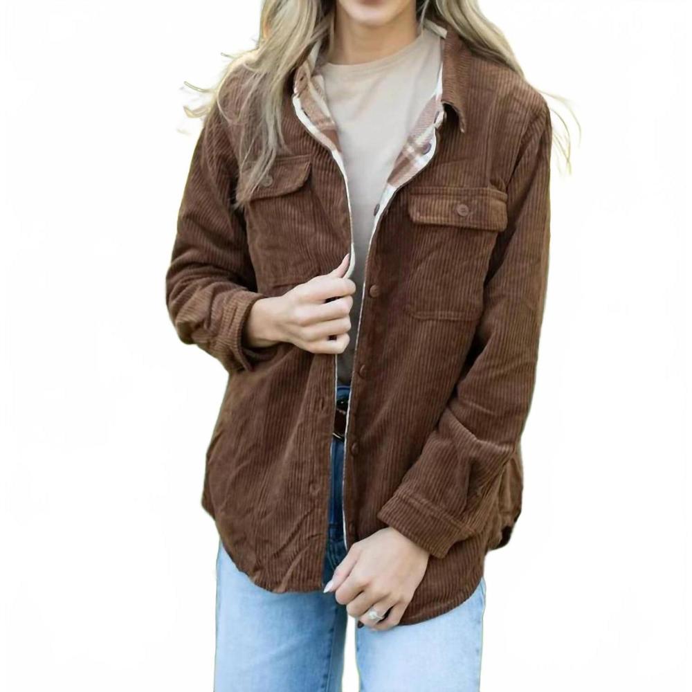 NEW TREND:NOTES reversible corduroy and plaid flannel shacket with chest pockets